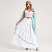 Déguisement reine romaine grecque en robe blanche ornée de liseré doré avec cape turquoise assortie