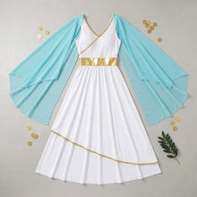 Déguisement reine romaine grecque blanc avec bordure dorée et cape bleue légère en tissu transparent