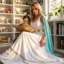 Déguisement reine romaine grecque blanc avec bordures dorées et cape turquoise élégant pour costume historique
