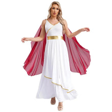 Déguisement reine romaine grecque blanc avec bordure dorée et cape rouge fluide pour costume élégant