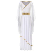 Déguisement reine romaine grecque blanc avec bordure dorée et cape fluide pour costume de déesse grecque
