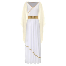 Déguisement reine romaine grecque robe blanche avec bordure dorée et cape fluide en tissu transparent