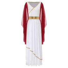 Déguisement reine romaine grecque blanc avec cape rouge transparente et bordure dorée élégant et sophistiqué