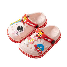 Sandales de plage enfant en matériau eva souple rose avec brides rouges et décorations 3d colorées cartoon