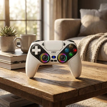 Manette sans fil turpow rgb blanche avec accents noirs et boutons circulaires lumineux compatible ps5 et pc