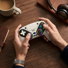 Manette sans fil turpow rgb blanche avec pavé directionnel noir et boutons lumineux colorés compatible ps5 et pc