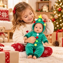 Combinaison sapin verte pour poupon 40 à 45 cm en velours avec pompons colorés et capuche carnaval