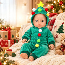 Combinaison sapin verte en velours avec pompons colorés et étoile sur capuche pour poupon 40 à 45 cm déguisement carnaval