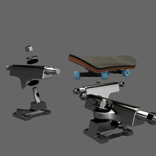 Mini skateboard de doigts en bois avec trucks noirs, hardware chrome et roues bleues dimensions annoncées