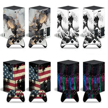Collection de xbox series x avec skin xbox series aux motifs décoratifs variés incluant marbre vague américaine et néon playstation