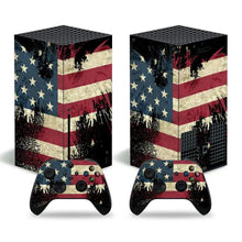 Skin xbox series x motifs décoratifs et manettes avec drapeau américain vintage et effet usé rouge blanc bleu sur fond noir