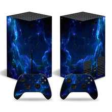 Skin xbox series x motifs colorés bleu et violet avec manettes assorties en vinyle brillant sur console xbox series