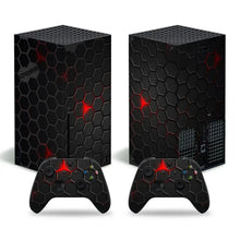 Console xbox series x et manettes skin xbox series motifs géométriques noirs avec accents rouges lumineux