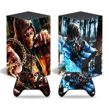 Skin xbox series x avec motifs géométriques scorpion orange feu et sub-zero bleu glace sur consoles et manettes xbox series