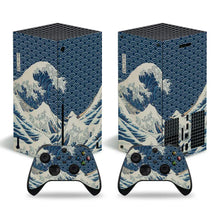 Skin xbox series x motifs géométriques avec design bleu blanc inspiré de la grande vague de kanagawa et manettes assorties