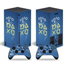 Skin xbox series x motifs graphiques bleu avec design jeux xo blanc et jaune sur console et manettes xbox series