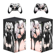 Skin xbox series x noir et blanc motifs gaming avec personnage cheveux argent en couettes et manettes assorties