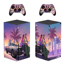 Skin xbox series x et manettes avec dégradé violet et rose décor urbain palmier voiture gta v