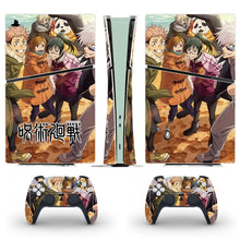 Skin ps5 slim digital jujutsu kaisen avec console et manettes décorées de personnages colorés d anime