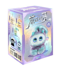 Robot peluche smart avec fourrure douce lavande et teal, grands yeux bleus lumineux, corps arrondi peluche smart