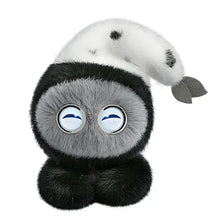 Robot peluche smart ai avec fourrure grise douce et chapeau blanc tacheté à oreilles en forme de feuilles