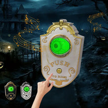 Sonnette décorative halloween avec œil lumineux vert, finition dorée ornée, bouton gravé push to ring