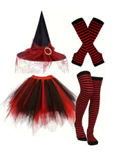 Chaussettes hautes rayées rouges et noires avec bordure noire pour déguisement halloween sorcière avec tutu et accessoires
