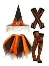 Déguisement halloween sorcière avec jupe tutu en tulle orange et noir superposée pour un look festif