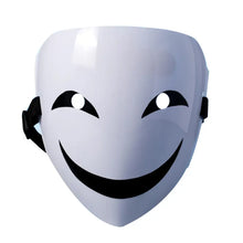 Masque sourire mystérieux halloween pour adulte en plastique blanc avec sourire noir et élastique réglable