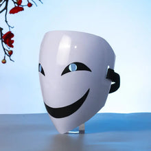 Masque sourire mystérieux blanc brillant avec yeux noirs stylisés et élastique réglable pour halloween adulte