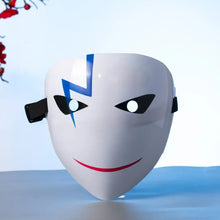 Masque sourire mystérieux en plastique blanc avec élastique réglable bleu et rouge pour halloween adulte