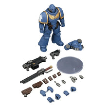 Figurine guerrier spatial en armure bleue avec inscription ailes dorées et étoile blanche, articulation détaillée et accessoires