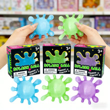 Balle anti-stress splash en silicone bleu, vert et violet avec design éclaboussure pour magasins de jouets et déguisement carnaval