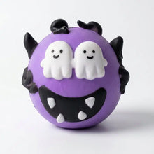 Squishy chien à visage interchangeable violet avec cornes noires et visage souriant fantôme pour adultes