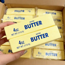 Bâtons de beurre salé jaunes en plastique souple de 4oz avec lettrage bleu, idéal pour déguisement carnaval ou magasins de jouets