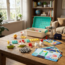 Boîte de rangement turquoise et blanche en plastique avec pièces colorées adaptée aux enfants pour kit stem circuits spatiaux