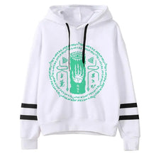 Sweat à capuche femme aventure fantastique blanc avec cordons noirs et motif vert main et œil au centre