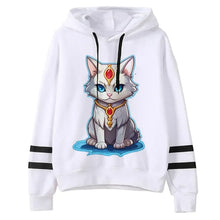 Sweat à capuche blanc pour femme aventure fantastique avec chat cartoon aux yeux bleus et couronne rouge gemmée