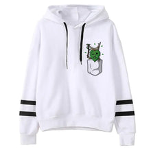 Sweat à capuche femme aventure fantastique blanc avec cordons noirs et personnage vert dans la poche avant