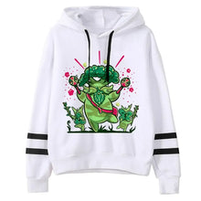 Sweat à capuche femme aventure fantastique blanc avec cordons noirs et dessin vert de personnage fantastique