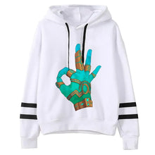 Sweat à capuche femme aventure fantastique blanc avec main armure teal doré ok et rayures noires aux poignets