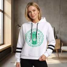 Sweat à capuche femme aventure fantastique blanc avec cordons noirs et graphique vert circulaire sur le devant