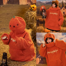 Sweat à capuche citrouille femme orange en polaire texturée avec coupe ample et texte brodé pumpkin sur la poitrine