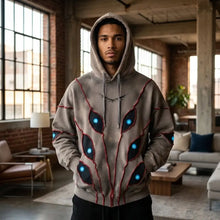 Sweat à capuche gothique gris avec motifs yeux rouges et patchs lumineux bleus en coupe ample style sci-fi