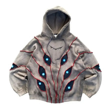 Sweat à capuche gothique gris à motifs yeux rouges avec coupe ample et patchs lumineux bleus en forme dyeux