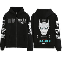 Dos du sweat à capuche kaiju noir avec motif crane blanc et teal détaillé et texte kaiju 8 avec caractères japonais