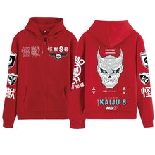 Sweat à capuche kaiju rouge avec graphique crâne démoniaque blanc et gris au dos et inscriptions japonaises devant