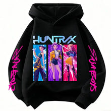 Sweat à capuche enfant noir avec motif de chasseuses fantastiques et accents néon rose et bleu violet