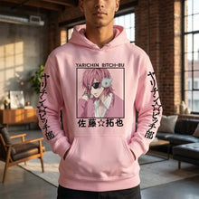 Sweat à capuche yarichin bitch club rose avec graphique anime japonais et texte vertical sur manches
