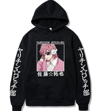 Sweat à capuche noir yarichin bitch club avec personnage anime rose, texte blanc et lettres japonaises sur les manches